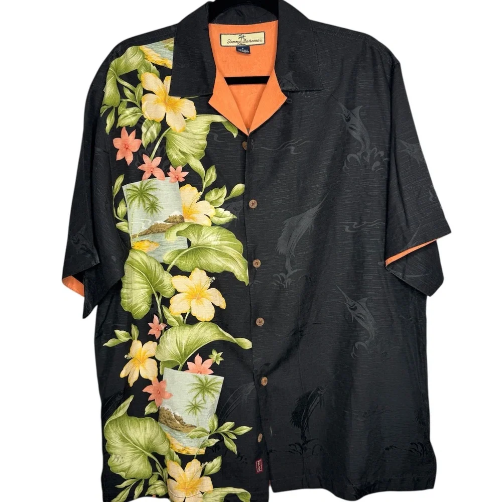Tommy Bahama Men's black silk Hawaiian‎ Shirt multi color floral accents Small